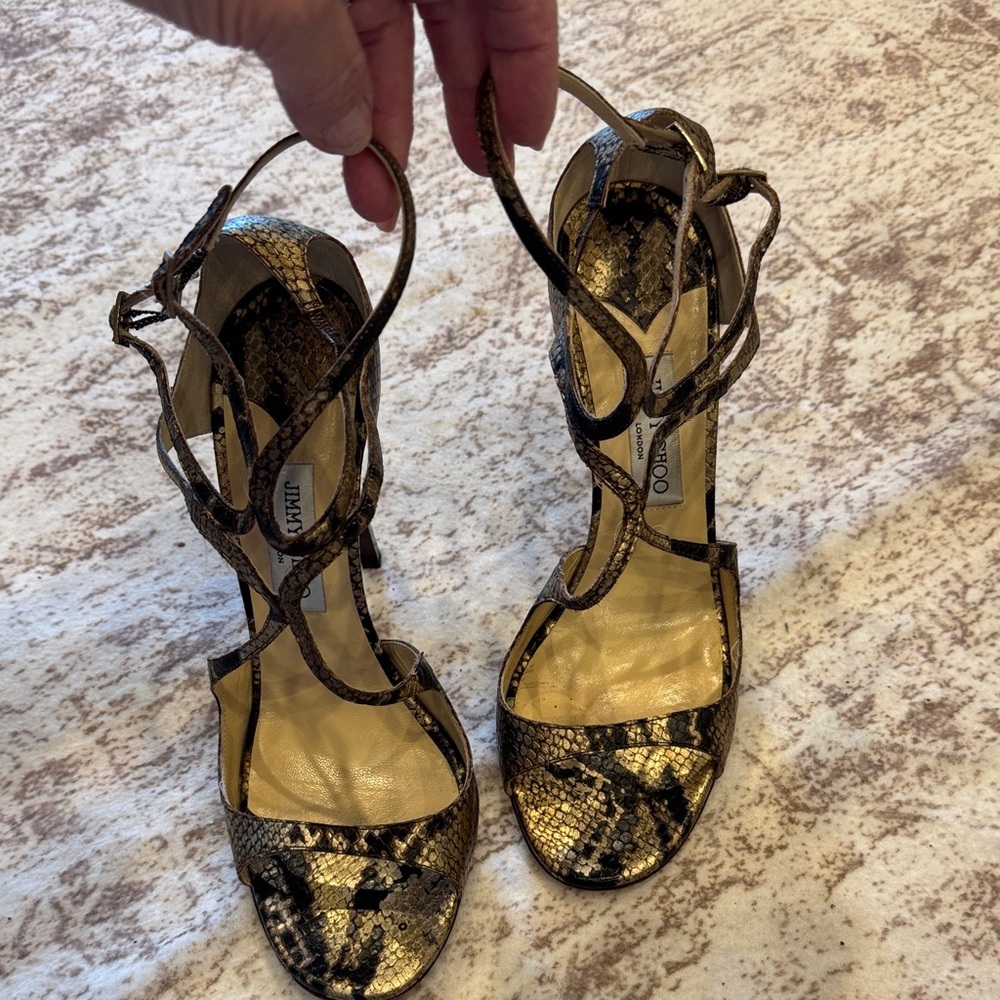 Jimmy Choo Gold and Black Snakeskin Heels